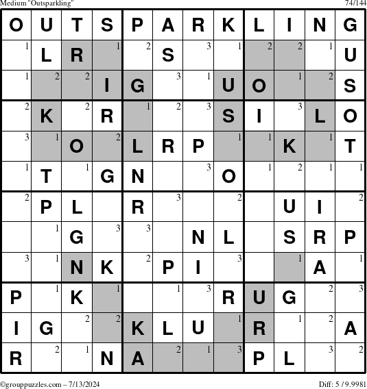 The grouppuzzles.com Medium Outsparkling puzzle for Saturday July 13, 2024 with the first 3 steps marked