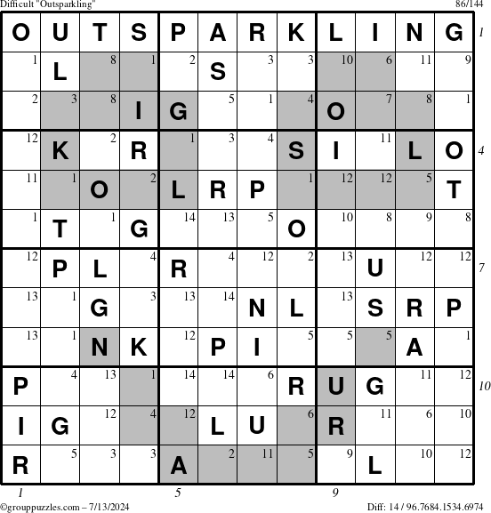 The grouppuzzles.com Difficult Outsparkling puzzle for Saturday July 13, 2024 with all 14 steps marked