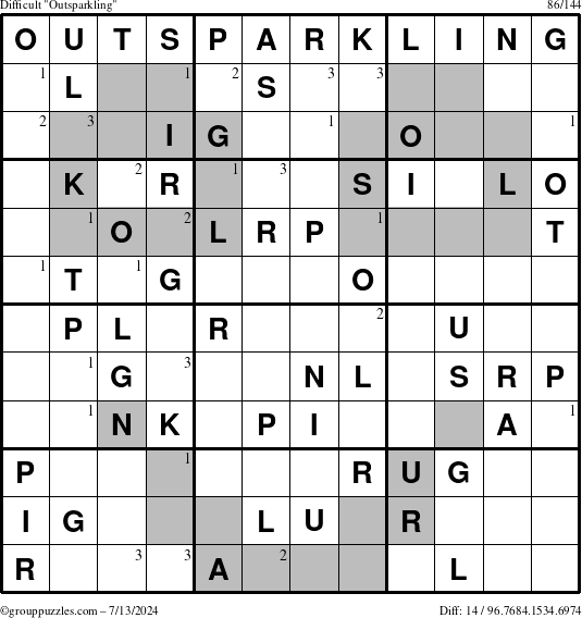 The grouppuzzles.com Difficult Outsparkling puzzle for Saturday July 13, 2024 with the first 3 steps marked