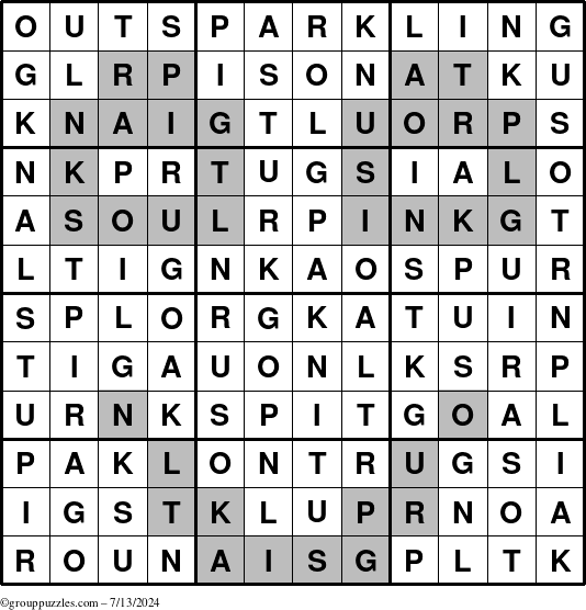 The grouppuzzles.com Answer grid for the Outsparkling puzzle for Saturday July 13, 2024