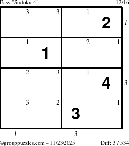 The grouppuzzles.com Easy Sudoku-4 puzzle for Sunday November 23, 2025, suitable for printing, with all 3 steps marked