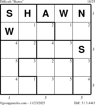 The grouppuzzles.com Difficult Shawn puzzle for Sunday November 23, 2025, suitable for printing, with all 5 steps marked