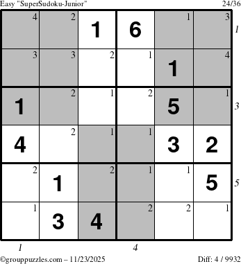 The grouppuzzles.com Easy SuperSudoku-Junior puzzle for Sunday November 23, 2025 with all 4 steps marked