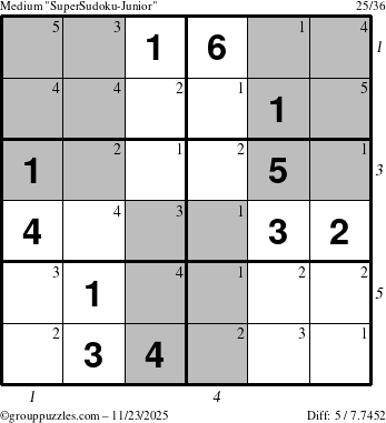 The grouppuzzles.com Medium SuperSudoku-Junior puzzle for Sunday November 23, 2025, suitable for printing, with all 5 steps marked