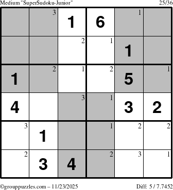 The grouppuzzles.com Medium SuperSudoku-Junior puzzle for Sunday November 23, 2025 with the first 3 steps marked
