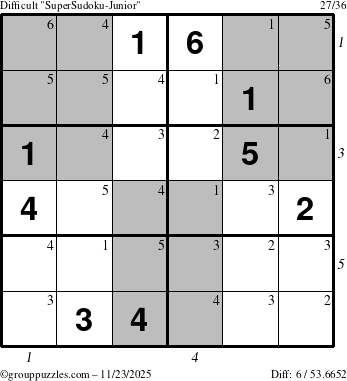 The grouppuzzles.com Difficult SuperSudoku-Junior puzzle for Sunday November 23, 2025, suitable for printing, with all 6 steps marked