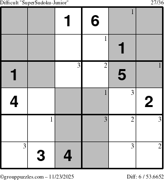 The grouppuzzles.com Difficult SuperSudoku-Junior puzzle for Sunday November 23, 2025 with the first 3 steps marked