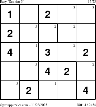 The grouppuzzles.com Easy Sudoku-5 puzzle for Sunday November 23, 2025 with the first 3 steps marked