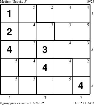 The grouppuzzles.com Medium Sudoku-5 puzzle for Sunday November 23, 2025, suitable for printing, with all 5 steps marked