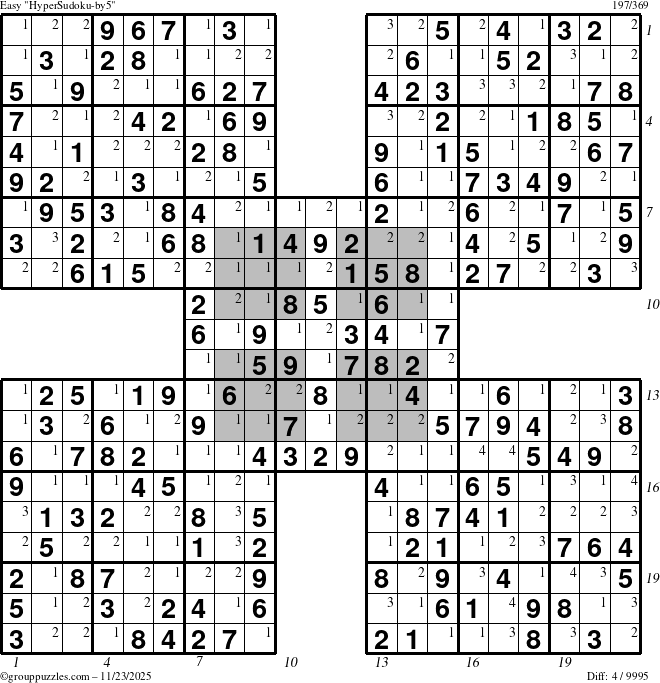 The grouppuzzles.com Easy HyperSudoku-by5 puzzle for Sunday November 23, 2025 with all 4 steps marked