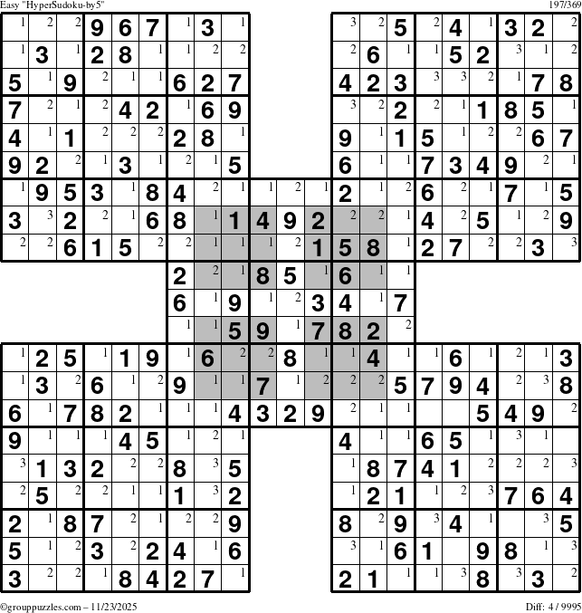 The grouppuzzles.com Easy HyperSudoku-by5 puzzle for Sunday November 23, 2025 with the first 3 steps marked