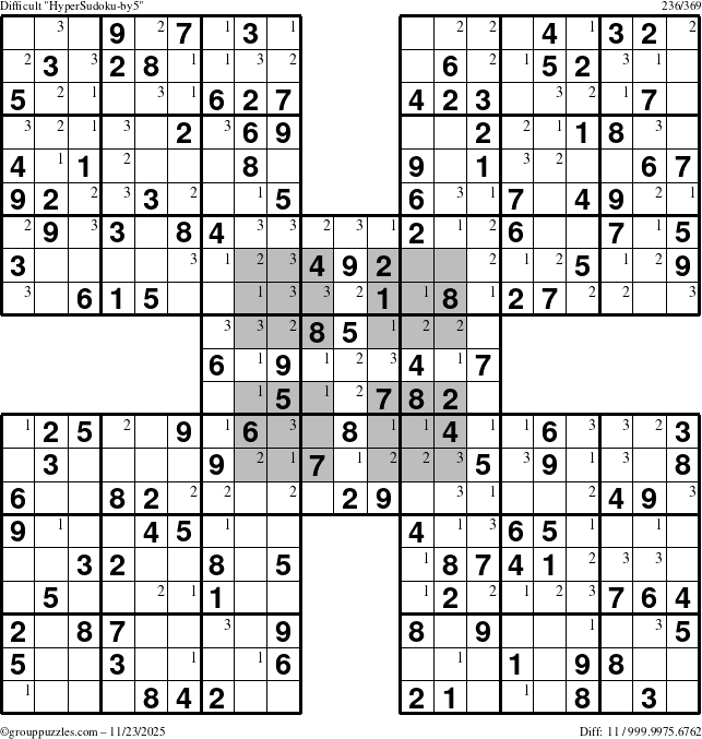 The grouppuzzles.com Difficult HyperSudoku-by5 puzzle for Sunday November 23, 2025 with the first 3 steps marked