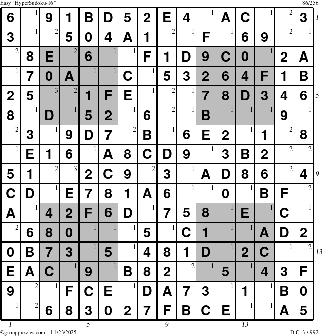 The grouppuzzles.com Easy HyperSudoku-16 puzzle for Sunday November 23, 2025, suitable for printing, with all 3 steps marked