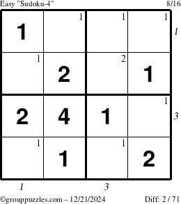 The grouppuzzles.com Easy Sudoku-4 puzzle for Saturday December 21, 2024 with all 2 steps marked