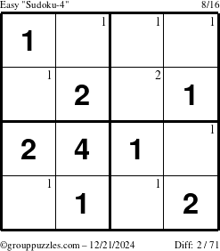 The grouppuzzles.com Easy Sudoku-4 puzzle for Saturday December 21, 2024 with the first 2 steps marked