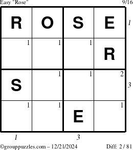 The grouppuzzles.com Easy Rose puzzle for Saturday December 21, 2024, suitable for printing, with all 2 steps marked