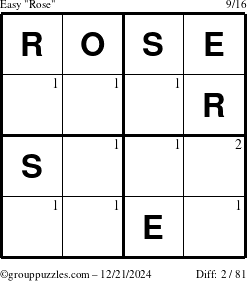 The grouppuzzles.com Easy Rose puzzle for Saturday December 21, 2024 with the first 2 steps marked