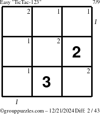 The grouppuzzles.com Easy TicTac-123 puzzle for Saturday December 21, 2024 with all 2 steps marked