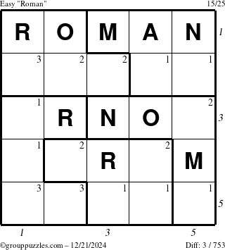 The grouppuzzles.com Easy Roman puzzle for Saturday December 21, 2024 with all 3 steps marked