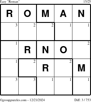 The grouppuzzles.com Easy Roman puzzle for Saturday December 21, 2024 with the first 3 steps marked