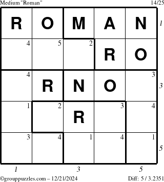 The grouppuzzles.com Medium Roman puzzle for Saturday December 21, 2024 with all 5 steps marked