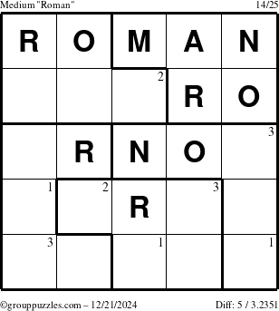 The grouppuzzles.com Medium Roman puzzle for Saturday December 21, 2024 with the first 3 steps marked