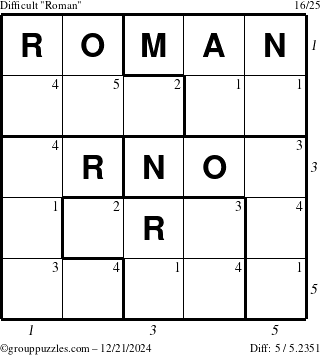 The grouppuzzles.com Difficult Roman puzzle for Saturday December 21, 2024 with all 5 steps marked