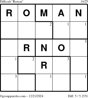 The grouppuzzles.com Difficult Roman puzzle for Saturday December 21, 2024 with the first 3 steps marked