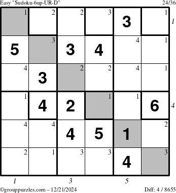 The grouppuzzles.com Easy Sudoku-6up-UR-D puzzle for Saturday December 21, 2024 with all 4 steps marked