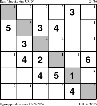 The grouppuzzles.com Easy Sudoku-6up-UR-D puzzle for Saturday December 21, 2024 with the first 3 steps marked