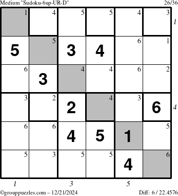 The grouppuzzles.com Medium Sudoku-6up-UR-D puzzle for Saturday December 21, 2024, suitable for printing, with all 6 steps marked