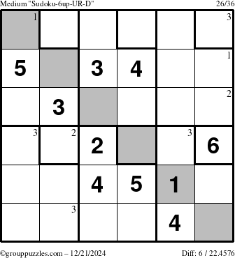 The grouppuzzles.com Medium Sudoku-6up-UR-D puzzle for Saturday December 21, 2024 with the first 3 steps marked