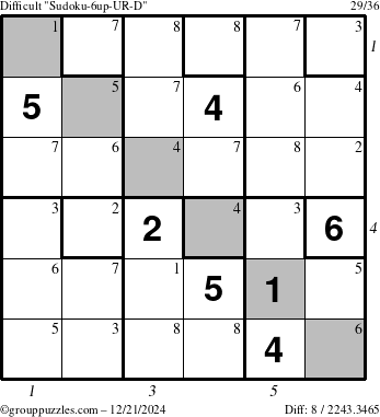 The grouppuzzles.com Difficult Sudoku-6up-UR-D puzzle for Saturday December 21, 2024 with all 8 steps marked