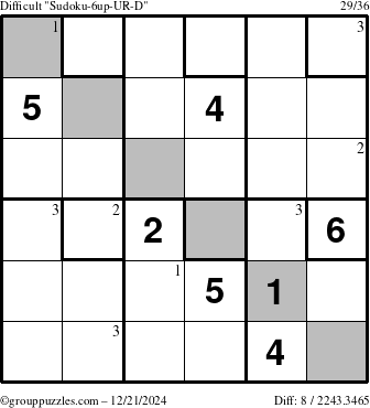 The grouppuzzles.com Difficult Sudoku-6up-UR-D puzzle for Saturday December 21, 2024 with the first 3 steps marked