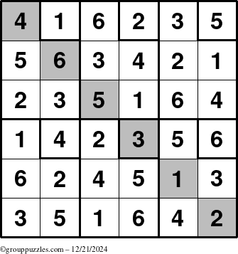 The grouppuzzles.com Answer grid for the Sudoku-6up-UR-D puzzle for Saturday December 21, 2024