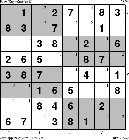 The grouppuzzles.com Easy SuperSudoku-8 puzzle for Saturday December 21, 2024 with all 3 steps marked