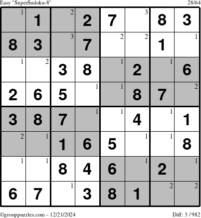 The grouppuzzles.com Easy SuperSudoku-8 puzzle for Saturday December 21, 2024 with the first 3 steps marked