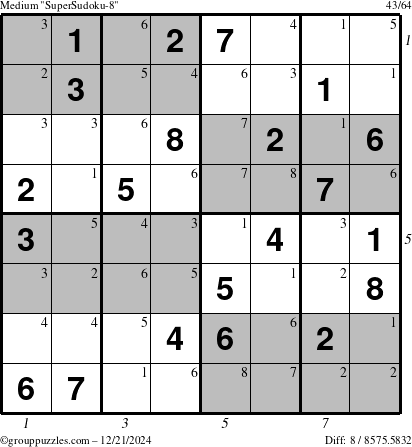 The grouppuzzles.com Medium SuperSudoku-8 puzzle for Saturday December 21, 2024, suitable for printing, with all 8 steps marked