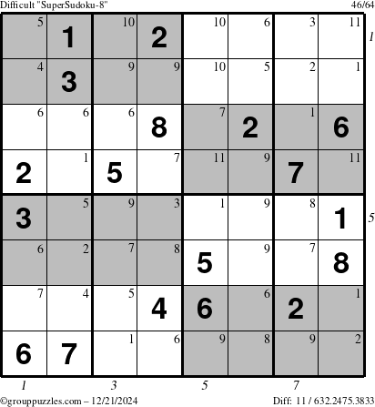 The grouppuzzles.com Difficult SuperSudoku-8 puzzle for Saturday December 21, 2024 with all 11 steps marked