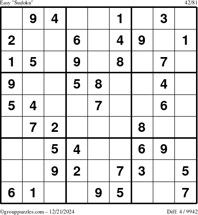 The grouppuzzles.com Easy Sudoku puzzle for Saturday December 21, 2024