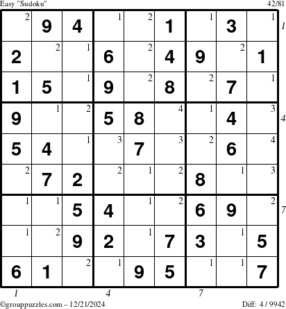 The grouppuzzles.com Easy Sudoku puzzle for Saturday December 21, 2024 with all 4 steps marked