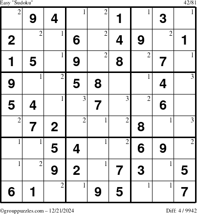 The grouppuzzles.com Easy Sudoku puzzle for Saturday December 21, 2024 with the first 3 steps marked