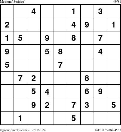 The grouppuzzles.com Medium Sudoku puzzle for Saturday December 21, 2024