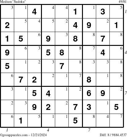 The grouppuzzles.com Medium Sudoku puzzle for Saturday December 21, 2024, suitable for printing, with all 8 steps marked