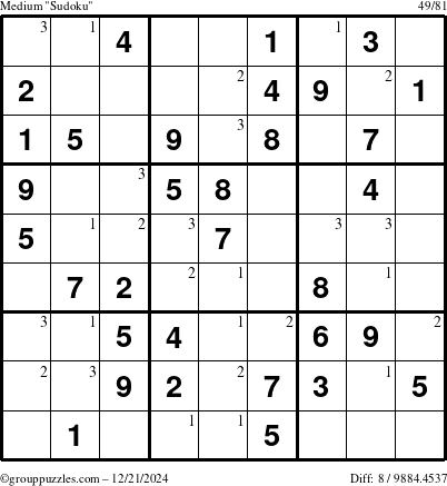 The grouppuzzles.com Medium Sudoku puzzle for Saturday December 21, 2024 with the first 3 steps marked