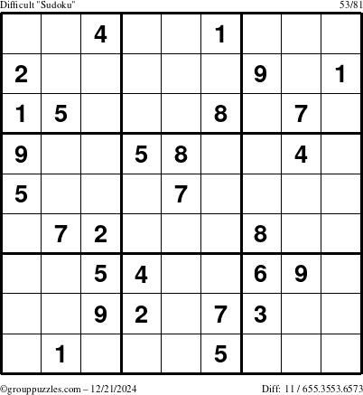 The grouppuzzles.com Difficult Sudoku puzzle for Saturday December 21, 2024