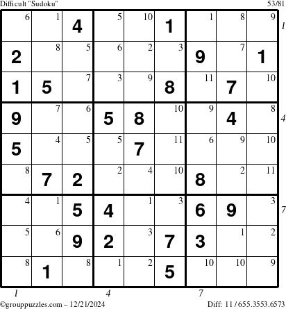 The grouppuzzles.com Difficult Sudoku puzzle for Saturday December 21, 2024 with all 11 steps marked