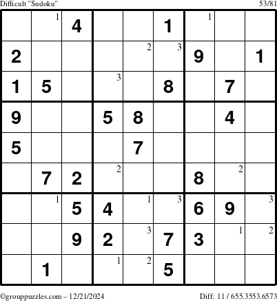 The grouppuzzles.com Difficult Sudoku puzzle for Saturday December 21, 2024 with the first 3 steps marked