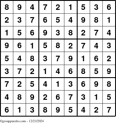 The grouppuzzles.com Answer grid for the Sudoku puzzle for Saturday December 21, 2024