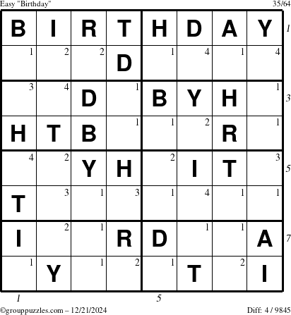 The grouppuzzles.com Easy Birthday puzzle for Saturday December 21, 2024 with all 4 steps marked